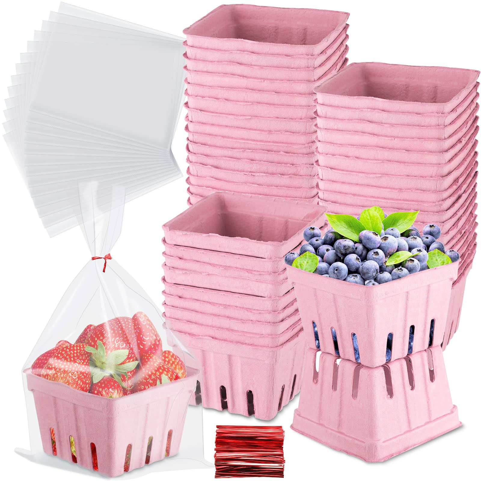 300 Pcs Pulp Fiber Basket Set, 100 Pcs Berry Basket Small Strawberry Vented Fiber Basket 100 Pcs Clear Packaging Bags 100 Pcs Tie Strips for Kitchen Market Fruit Vegetable Produce Storage (Pint Pink)