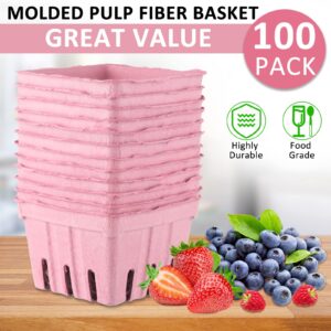 300 Pcs Pulp Fiber Basket Set, 100 Pcs Berry Basket Small Strawberry Vented Fiber Basket 100 Pcs Clear Packaging Bags 100 Pcs Tie Strips for Kitchen Market Fruit Vegetable Produce Storage (Pint Pink)