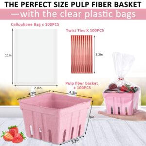 300 Pcs Pulp Fiber Basket Set, 100 Pcs Berry Basket Small Strawberry Vented Fiber Basket 100 Pcs Clear Packaging Bags 100 Pcs Tie Strips for Kitchen Market Fruit Vegetable Produce Storage (Pint Pink)