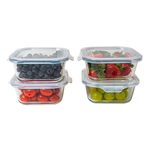 Bonita Home Square Glass Storage Container, Stackable BPA Free Airtight Seal Food Containers with Lids, Meal Prep Kitchen Organization and Storage, 5"x5" x 2.5", 17.6oz, 0.52L, White, 4 Pack