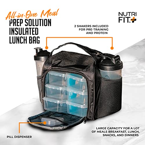 NUTRIFIT Large Meal Prep Bag for Men and Women - Insulated Lunch Box Cooler with 6 Stackable Food Containers BPA-Free Reusable - Pocket Vitamins Pill Case - Shaker Bottle and Ice Packs Included