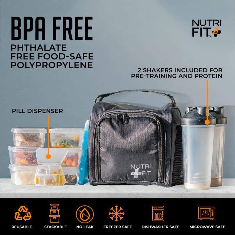 NUTRIFIT Large Meal Prep Bag for Men and Women - Insulated Lunch Box Cooler with 6 Stackable Food Containers BPA-Free Reusable - Pocket Vitamins Pill Case - Shaker Bottle and Ice Packs Included