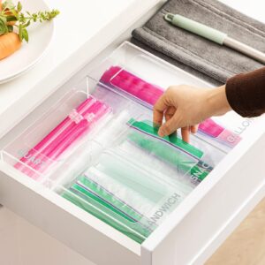 HBlife Ziplock Bag Storage Organizer, Premium Acrylic Compatible Holder Kitchen Drawer Baggie Container Suitable for Variety Size Bags Dispenser for Cabinet, Clear