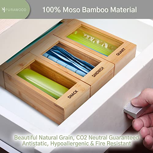 Purawood Ziplock Bag Storage Organizer - Natural Bamboo Organizer to Declutter Your Kitchen – Easy & Efficient Ziplock Bag Organizer - Baggie Holder Compatible with all Brands (4-Pack)