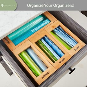 Purawood Ziplock Bag Storage Organizer - Natural Bamboo Organizer to Declutter Your Kitchen – Easy & Efficient Ziplock Bag Organizer - Baggie Holder Compatible with all Brands (4-Pack)