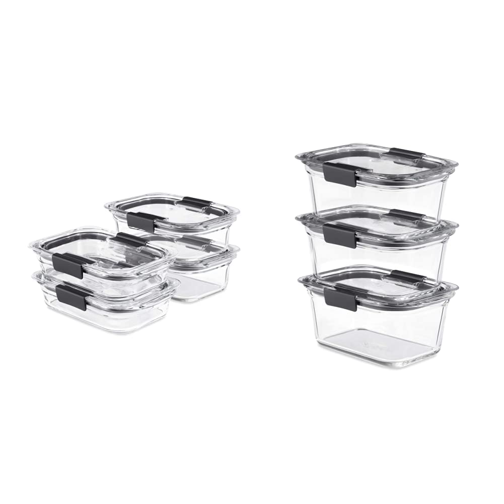 Rubbermaid Brilliance Glass Storage Set of 4 Food Containers, Medium, Clear & Brilliance Glass Storage 4.7-Cup Food Containers with Lids, 3-Pack (6 Pieces Total), Clear