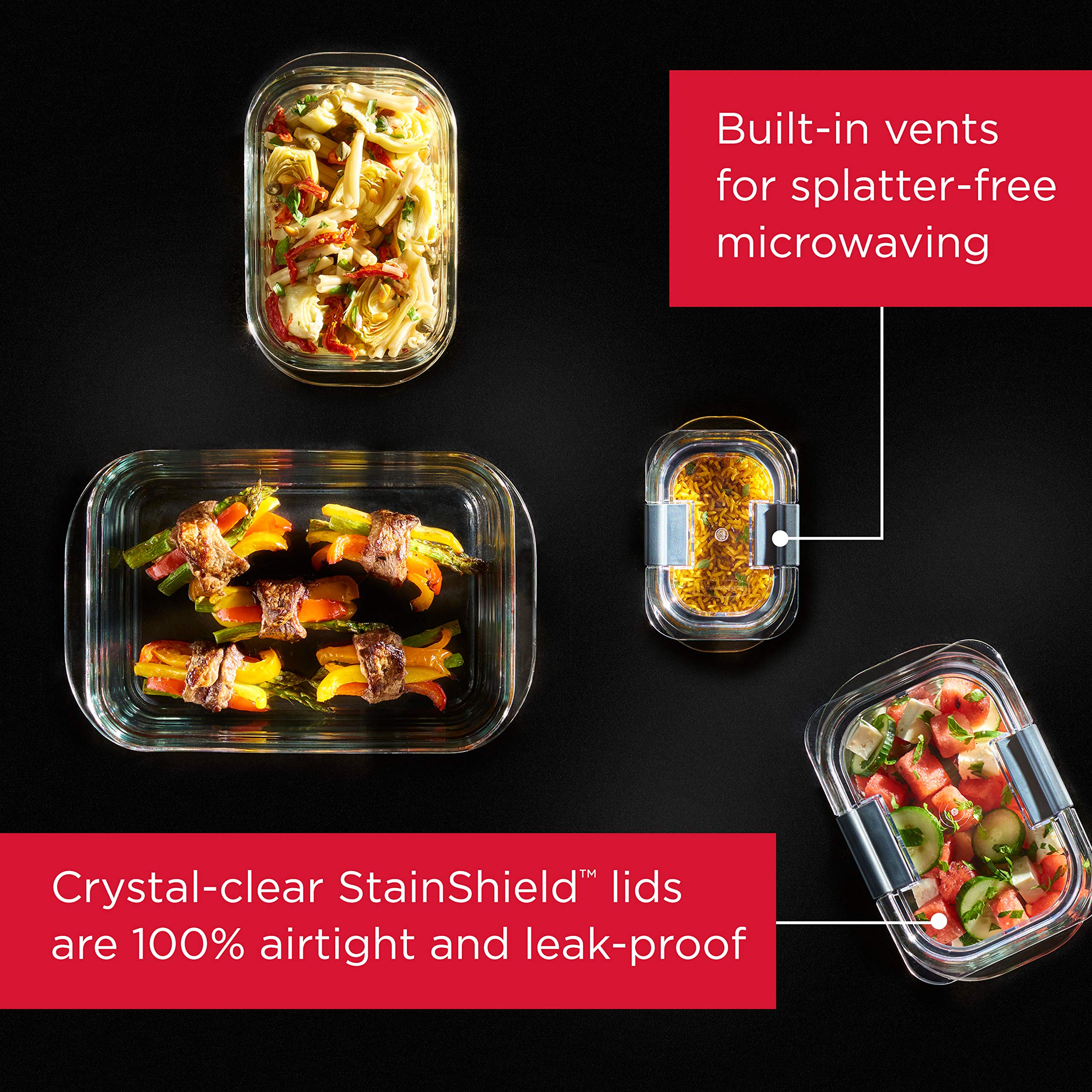 Rubbermaid Brilliance Glass Storage Set of 4 Food Containers, Medium, Clear & Brilliance Glass Storage 4.7-Cup Food Containers with Lids, 3-Pack (6 Pieces Total), Clear