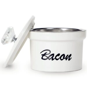 bacon grease container keeper with crystal lid and strainer, 12 oz ceramic frying oil storage can container for countertop,farmhouse kitchen decor (silver)