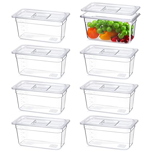 Fumete 8 Sets Clear 1/3 size, 6 Inch Deep Food Pan Polycarbonate Square Food Storage Containers with Lids for Kitchen Restaurant Food Prep, Clear, 5.6qt