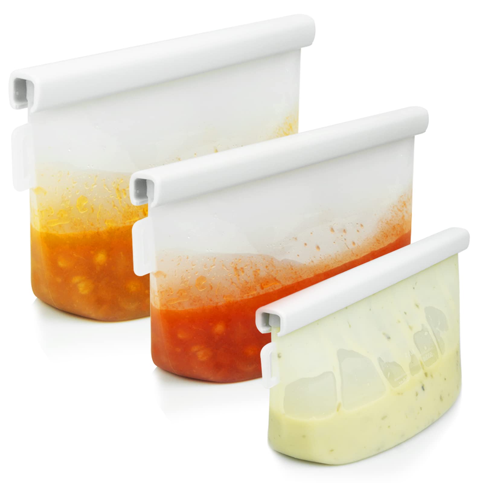 FOSOE 3 Pack Reusable Silicone Food Storage Bags - BPA Free - Food Grade Gallon Bags - Snack Sandwich Storage Containers - Leakproof Freezer Dishwasher Safe - Lunch Bags(White 17oz - 34oz - 51oz)