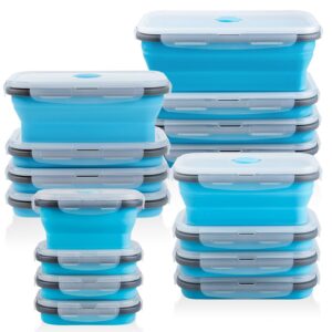 collapsible food storage containers with lid, bundle of rich size, 16 pack, kitchen stacking silicone collapsible meal prep container set for leftover, microwave freezer dishwasher safe, blue