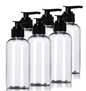 aromine essentials 4oz plastic clear bottles (6 pack) bpa-free squeeze containers with pump cap, labels included