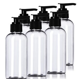 Aromine Essentials 4oz Plastic Clear Bottles (6 Pack) BPA-Free Squeeze Containers with Pump Cap, Labels Included