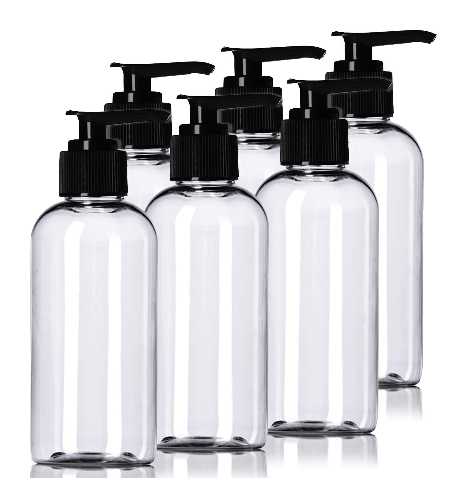 Aromine Essentials 4oz Plastic Clear Bottles (6 Pack) BPA-Free Squeeze Containers with Pump Cap, Labels Included