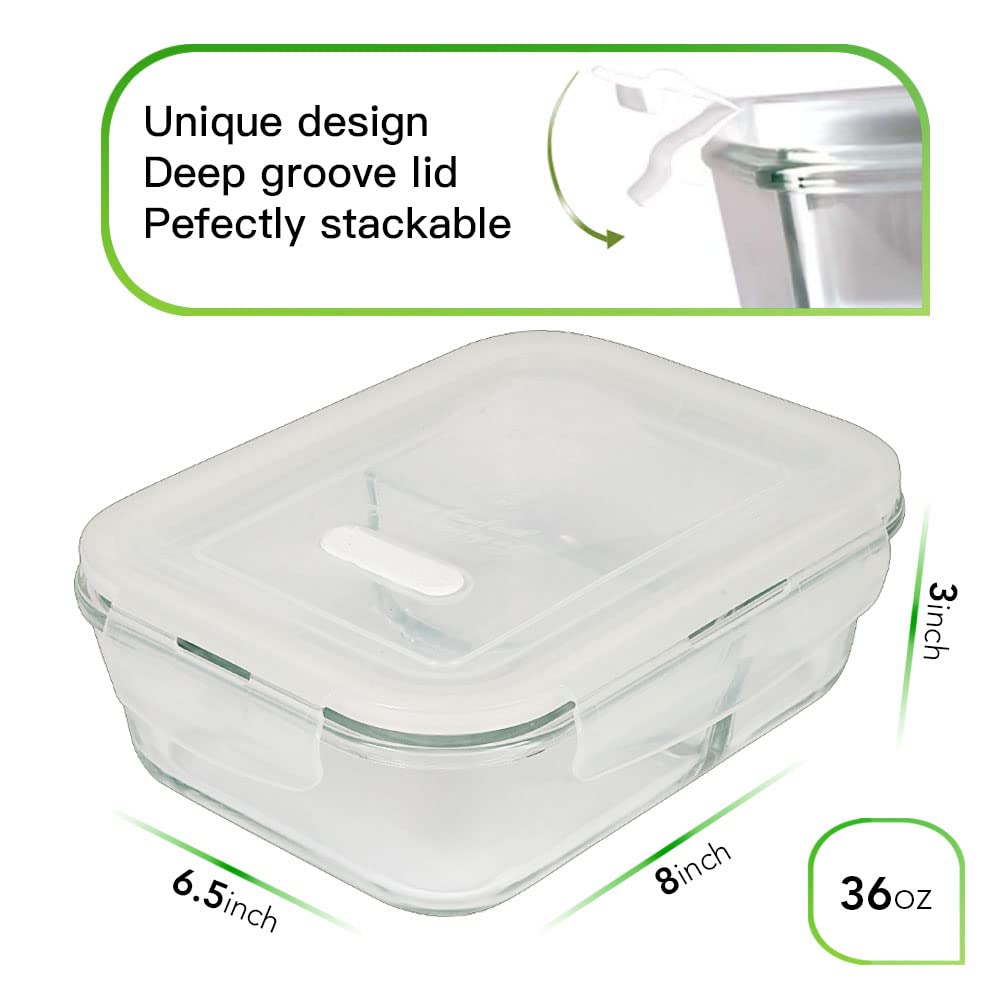 DAS TRUST 3 Pack 36oz Glass Food Storage Containers 2 Compartments Glass Meal Prep Containers with Lids for Adult Food Prep Containers with Divider Reusable Lunch Bento Box