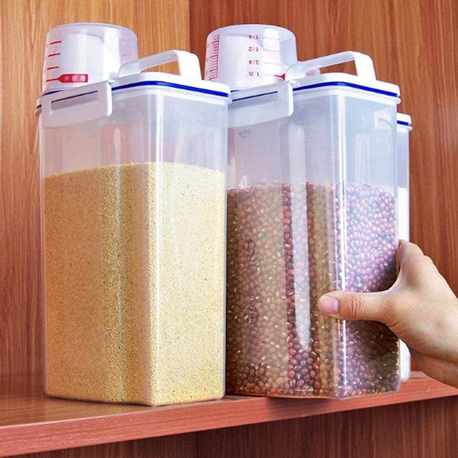 BOLESHU 3 PCS Rice Bin 2L Rice Container, 3 Pcs Airtight Cereal Container Rice Barrel Dry Grain Dispenser Thicken Rice Cylinder Clear Food Storage Box with Airtight Design Measuring Cup Pour Spout