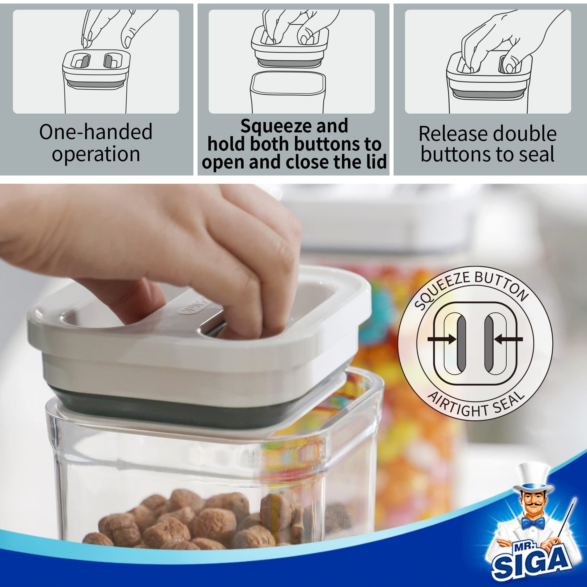 MR.SIGA 8 Piece Airtight Food Storage Container Set, BPA Free Kitchen Pantry Organization Canisters, One-handed Airtight Plastic Containers with Lids for Cereal, Spaghettie, Pasta,White