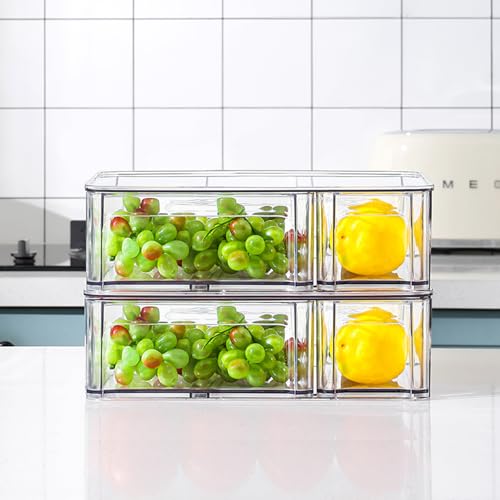 MANO 2PACK Stackable Refrigerator Drawers Pull Out Clear Fridge Drawer Organizer Bins Divided Storage Box Plastic Food Containers Set for Pantry Kitchen Cabinet Dresser Clothes