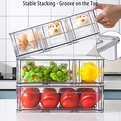 MANO 2PACK Stackable Refrigerator Drawers Pull Out Clear Fridge Drawer Organizer Bins Divided Storage Box Plastic Food Containers Set for Pantry Kitchen Cabinet Dresser Clothes