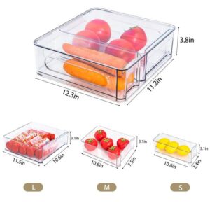 MANO 2PACK Stackable Refrigerator Drawers Pull Out Clear Fridge Drawer Organizer Bins Divided Storage Box Plastic Food Containers Set for Pantry Kitchen Cabinet Dresser Clothes