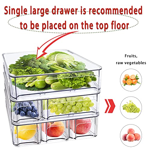 MANO 2PACK Stackable Refrigerator Drawers Pull Out Clear Fridge Drawer Organizer Bins Divided Storage Box Plastic Food Containers Set for Pantry Kitchen Cabinet Dresser Clothes