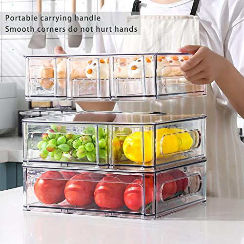 MANO 2PACK Stackable Refrigerator Drawers Pull Out Clear Fridge Drawer Organizer Bins Divided Storage Box Plastic Food Containers Set for Pantry Kitchen Cabinet Dresser Clothes