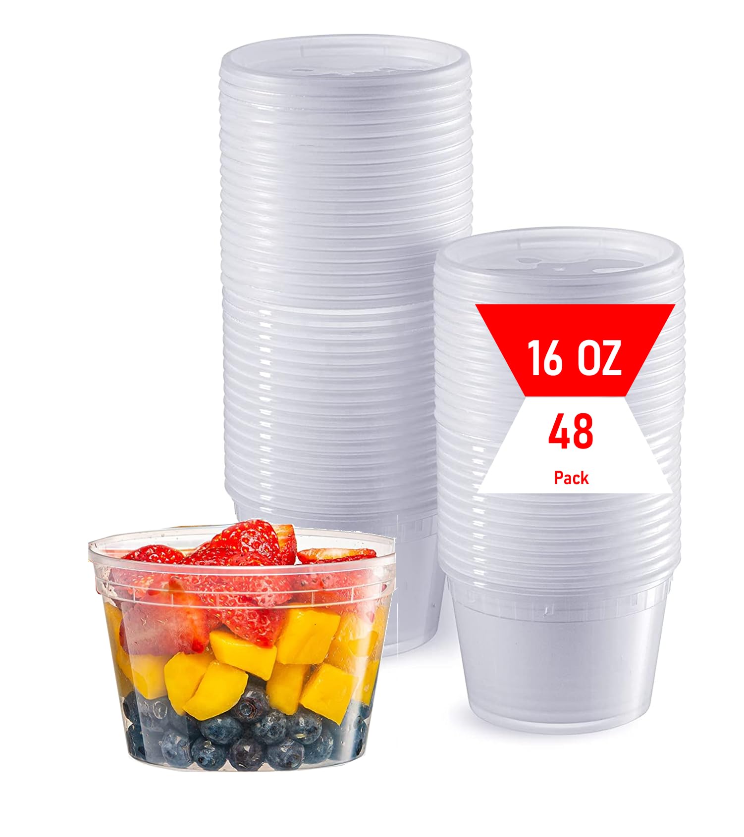 Mr. Miracle Deli Containers with Lids - 48 Pack of 16 oz Clear Airtight Reusable Plastic Food and Multi-Purpose Containers - Microwave, Freezer, and Dishwasher Safe