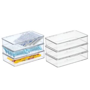 mdesign plastic kitchen pantry and fridge storage organizer box containers with hinged lid for shelves or cabinets, holds food, snacks, canned drinks, seasoning, condiments, or utensils, 6 pack, clear