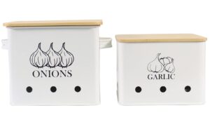 gdfjiy onion garlic storage bin, kitchen vegetable storage tin, set of 2 for onion & garlic with wooden lid and aerating holes, kitchen storage canisters set, long shelf life - white
