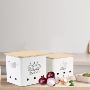 Gdfjiy Onion Garlic Storage Bin, Kitchen Vegetable Storage Tin, Set of 2 for Onion & Garlic with Wooden Lid and Aerating Holes, Kitchen Storage Canisters Set, Long Shelf Life - White