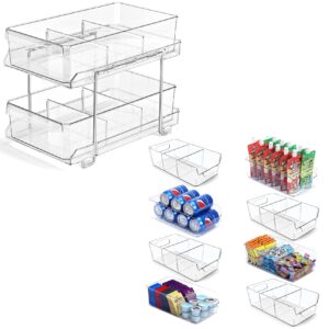 LANDNEOO 2 Tier Clear Organizer with Dividers + Set of 8, Stackable Clear Bins with Removable Dividers - Pantry Food Snack Organization and Storage - Multi-Purpose Plastic Home Organizer