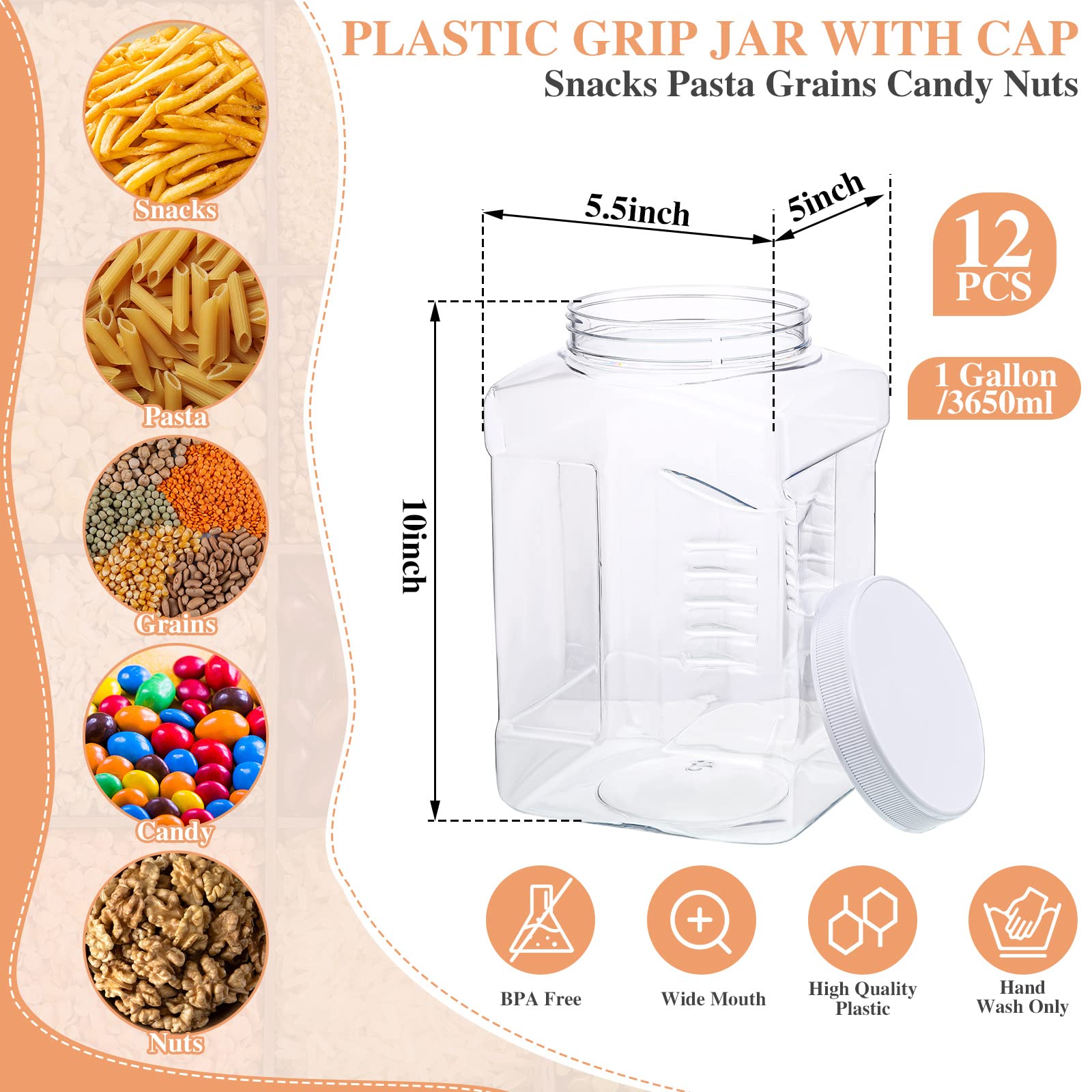 12 Packs 1 Gallon Plastic Grip Jar with Cap Clear Storage Containers Grip Jars Multi-use Empty Containers Household Dried Food Canisters BPA Free for Kitchen Fermentation Food Storage (White Lid)