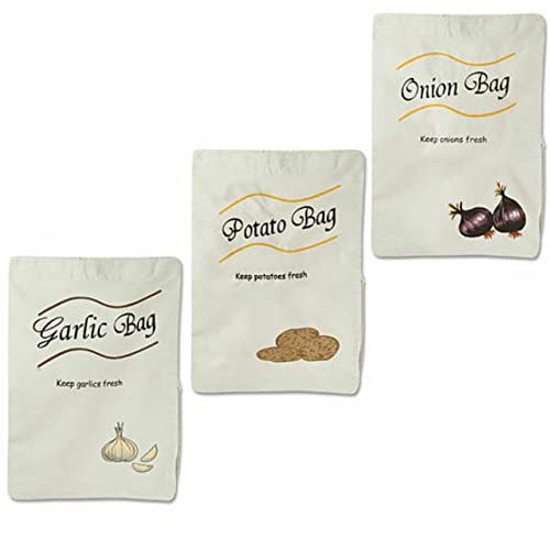 Dependable Industries Inc. Essentials 3 pack Onion Potato & Garlic Storage Bags Keeps Fresher Longer Drawstring Closure Side Zipper Blackout Interior