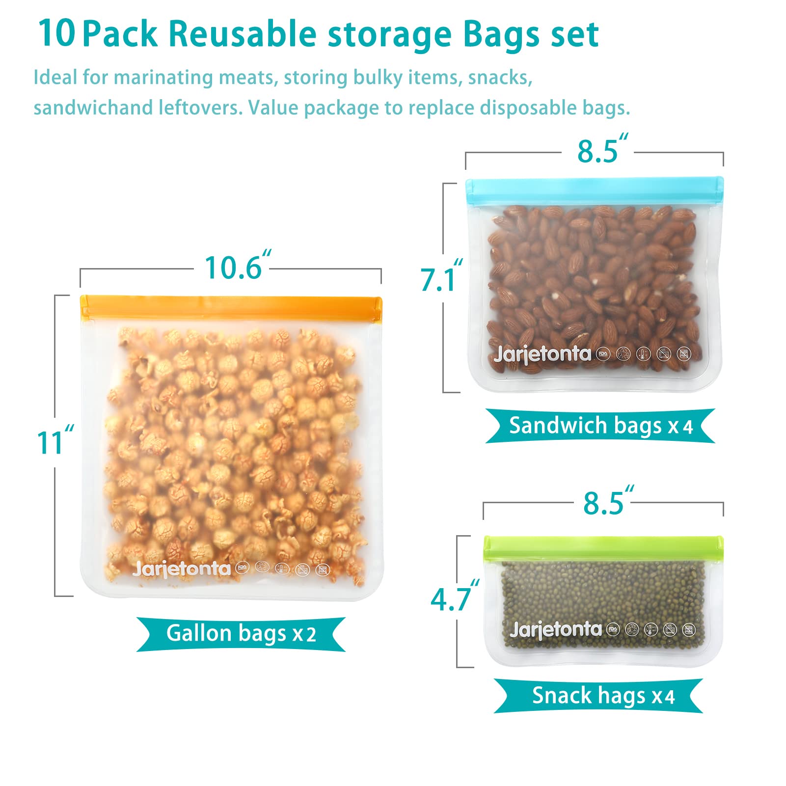 Reusable Storage Bags,10 Pack Reusable Food Container Bags Sets BPA Free Freezer Bags,2 Food Storage Gallon Bags,4 Leakproof Sandwich Bags and 4 Kids Snack Bags,Resealable Silicone for Meat Fruit
