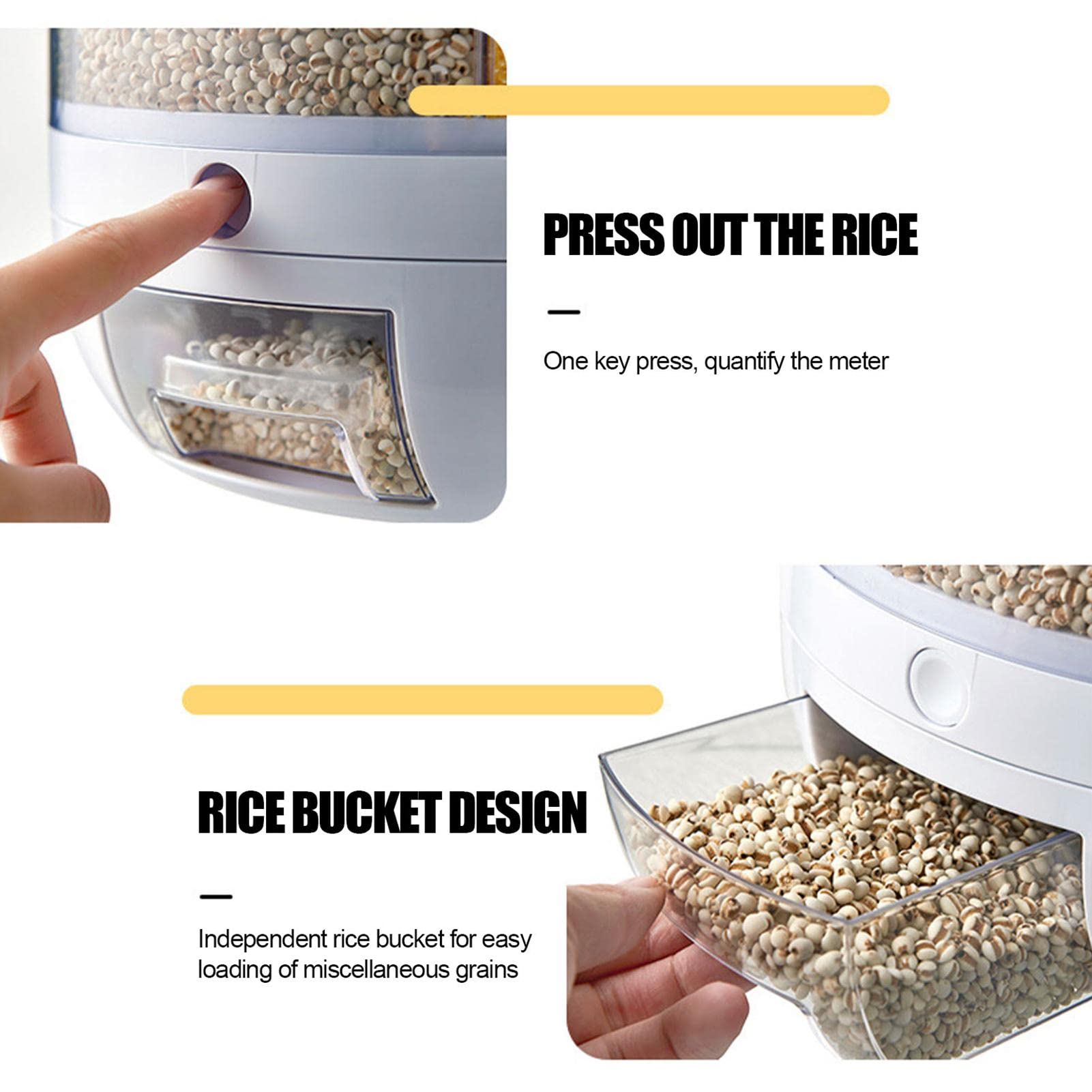 Rice Storage Container 360° Rotating Food Dispenser,7 pounds Large Capacity 6-Grid Rice Bucket Rotating Food Dispenser, Food Storage Containers With Lids Airtight,Moisture-Proof Grains Dispenser