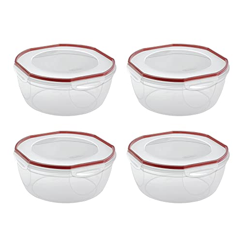 Sterilite Ultra-Seal 8.1 Qt Bowl, Large Airtight Food Storage Container, Latching Lid, Microwave and Dishwasher Safe, Clear With Red Gasket, 4-Pack