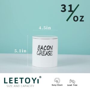 LEETOYI Porcelain Bacon Grease Container with Strainer and Lid, Grease Keeper for Kitchen 4.5-Inch, White