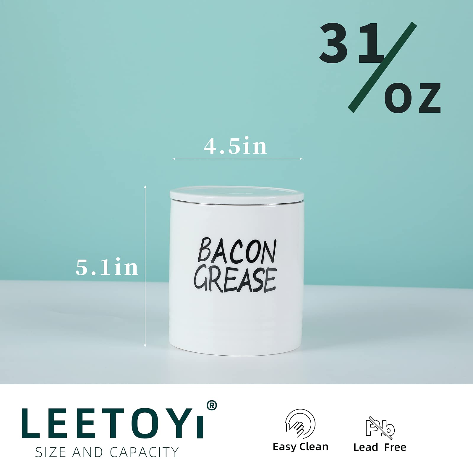 LEETOYI Porcelain Bacon Grease Container with Strainer and Lid, Grease Keeper for Kitchen 4.5-Inch, White