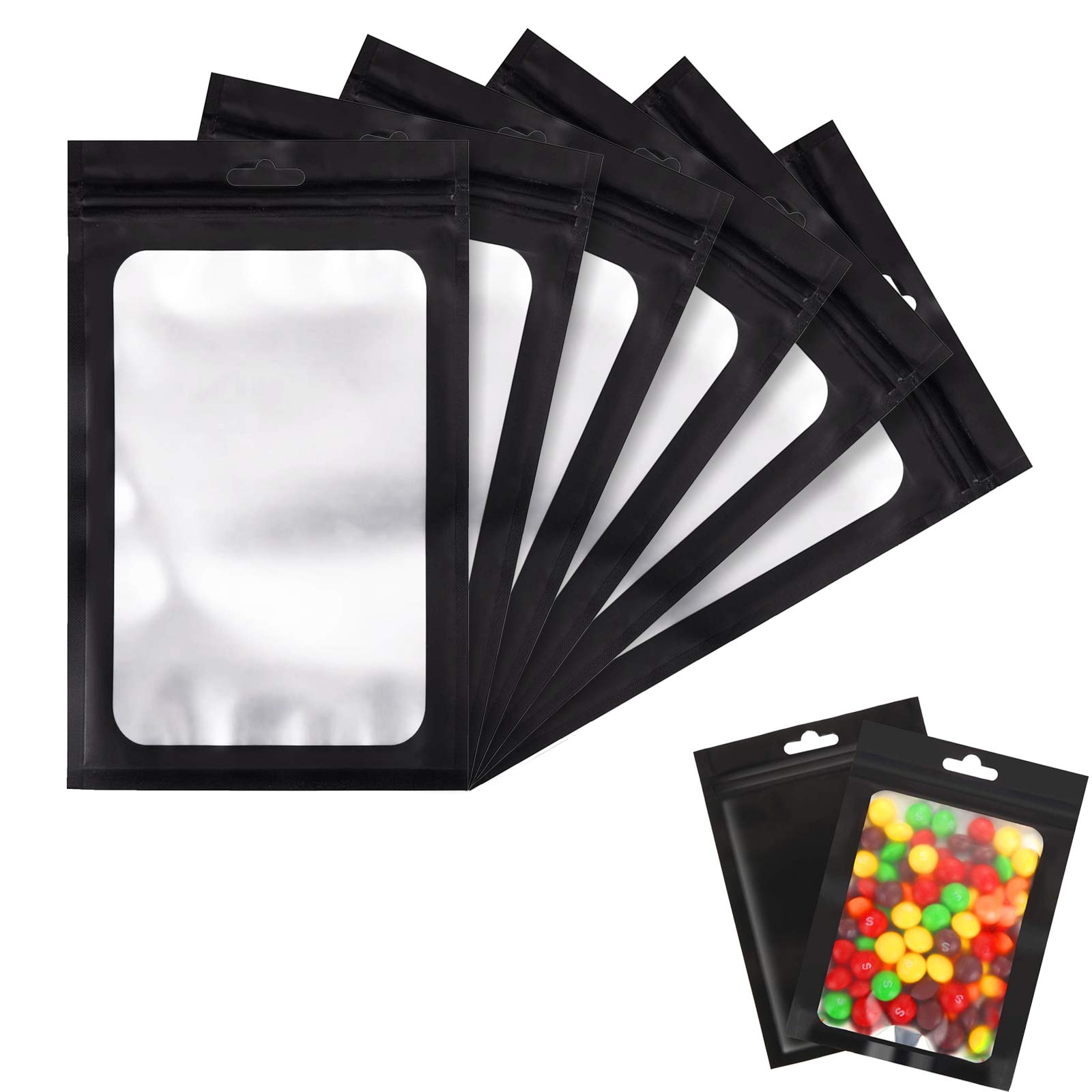 100 Pcs Resealable Ziplock Food Storage Bags, Water Proof Bag with Clear Window, Packaging Pouch for Coffee Beans Candy Sample Food (Black, 4 X 6 Inch)