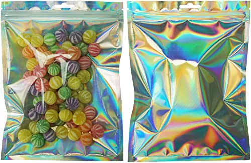 YukaBa 100 Pieces Smell Proof Bags - 5.79x8.66 Inches Resealable Mylar Bags Clear Zip Lock Food Candy Storage Bags Holographic Rainbow Color