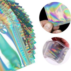 YukaBa 100 Pieces Smell Proof Bags - 5.79x8.66 Inches Resealable Mylar Bags Clear Zip Lock Food Candy Storage Bags Holographic Rainbow Color