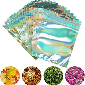 YukaBa 100 Pieces Smell Proof Bags - 5.79x8.66 Inches Resealable Mylar Bags Clear Zip Lock Food Candy Storage Bags Holographic Rainbow Color