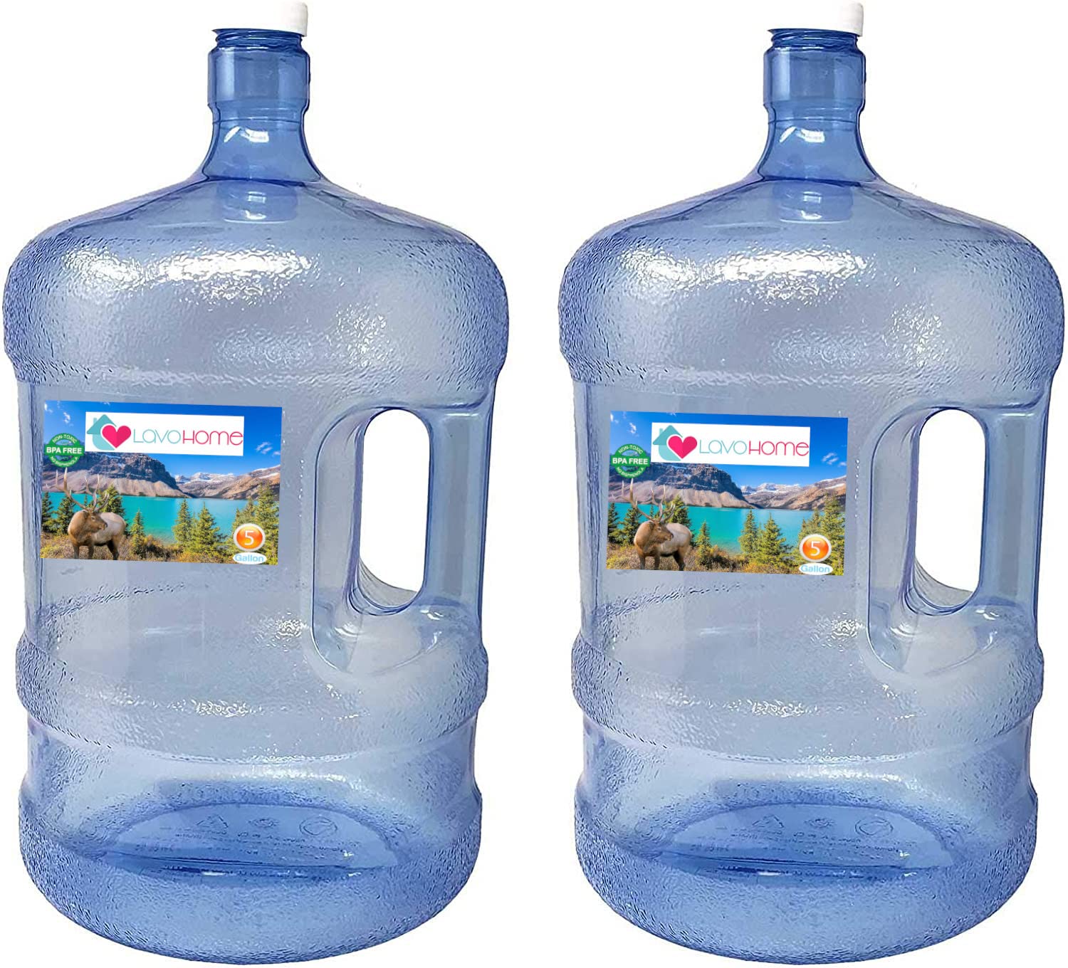 Lavo Home 2 Pack 5 Gallon Plastic Water Bottle Container with Cap & Carrying Handle - BPA Food Grade For Emergency Storage