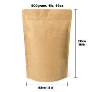500g 16oz 1lb Kraft Paper Stand up Zipper Pouches Coffee Bags Coffee Pouches with Valve (Pack of 50)