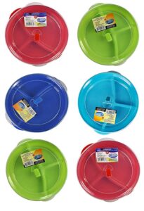 set of 6 assorted microwave food storage tray containers - 3 section/compartment divided plates w/vented lid (6 assorted plates)