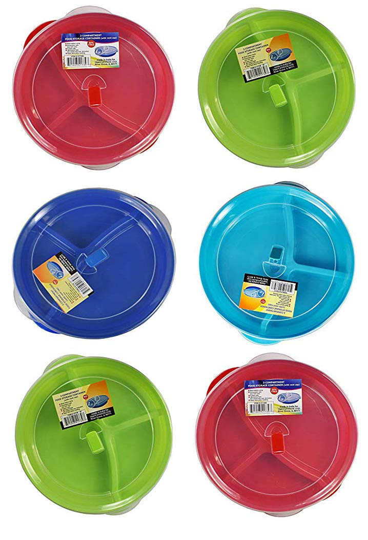 Set of 6 Assorted Microwave Food Storage Tray Containers - 3 Section/Compartment Divided Plates w/Vented Lid (6 Assorted Plates)