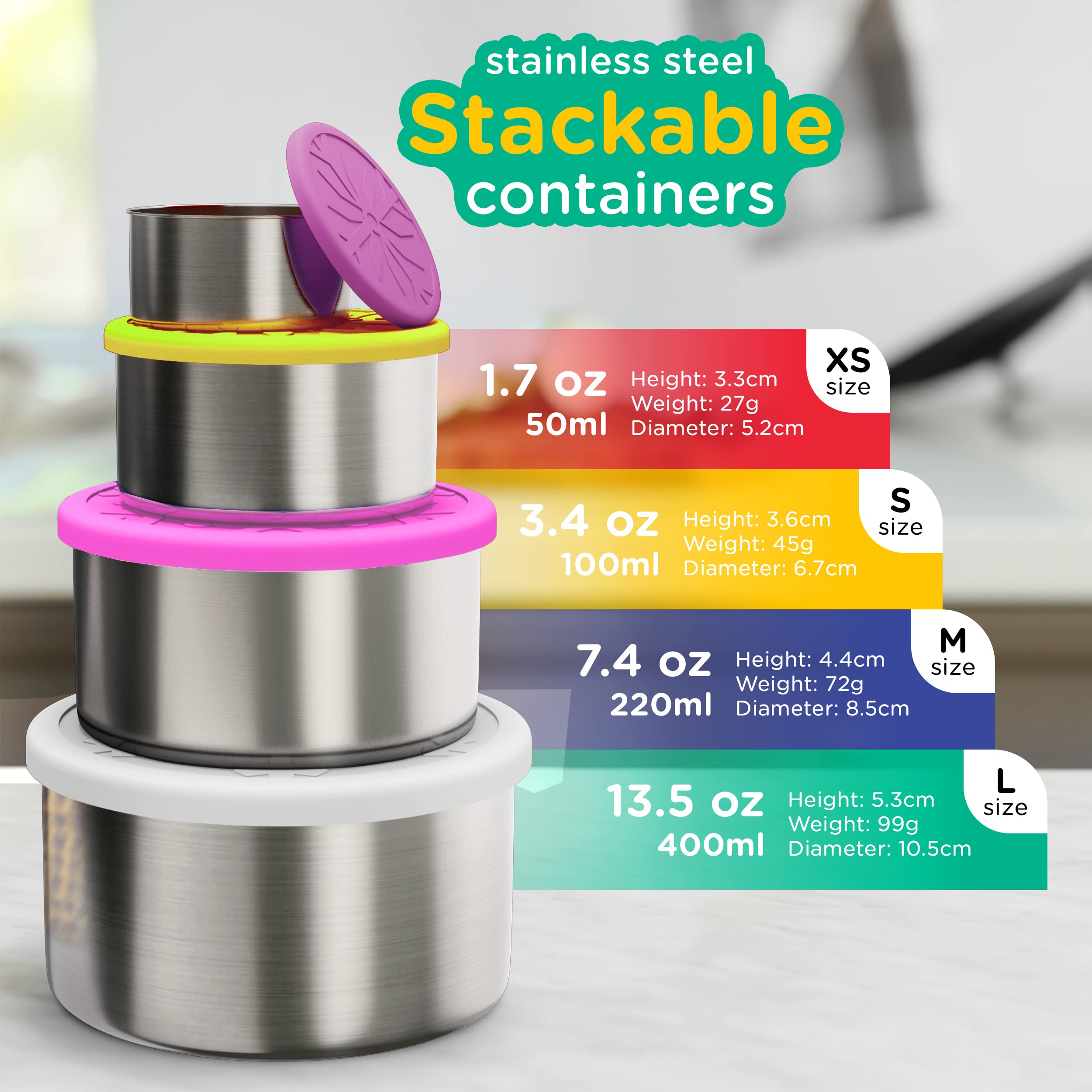 SIMPLY PEP Stainless Steel Container with lids Kids Lunch Containers - Set of 4 Stainless Steel Snack Containers Dip Containers For Lunches Metal Kids Lunch Box Container