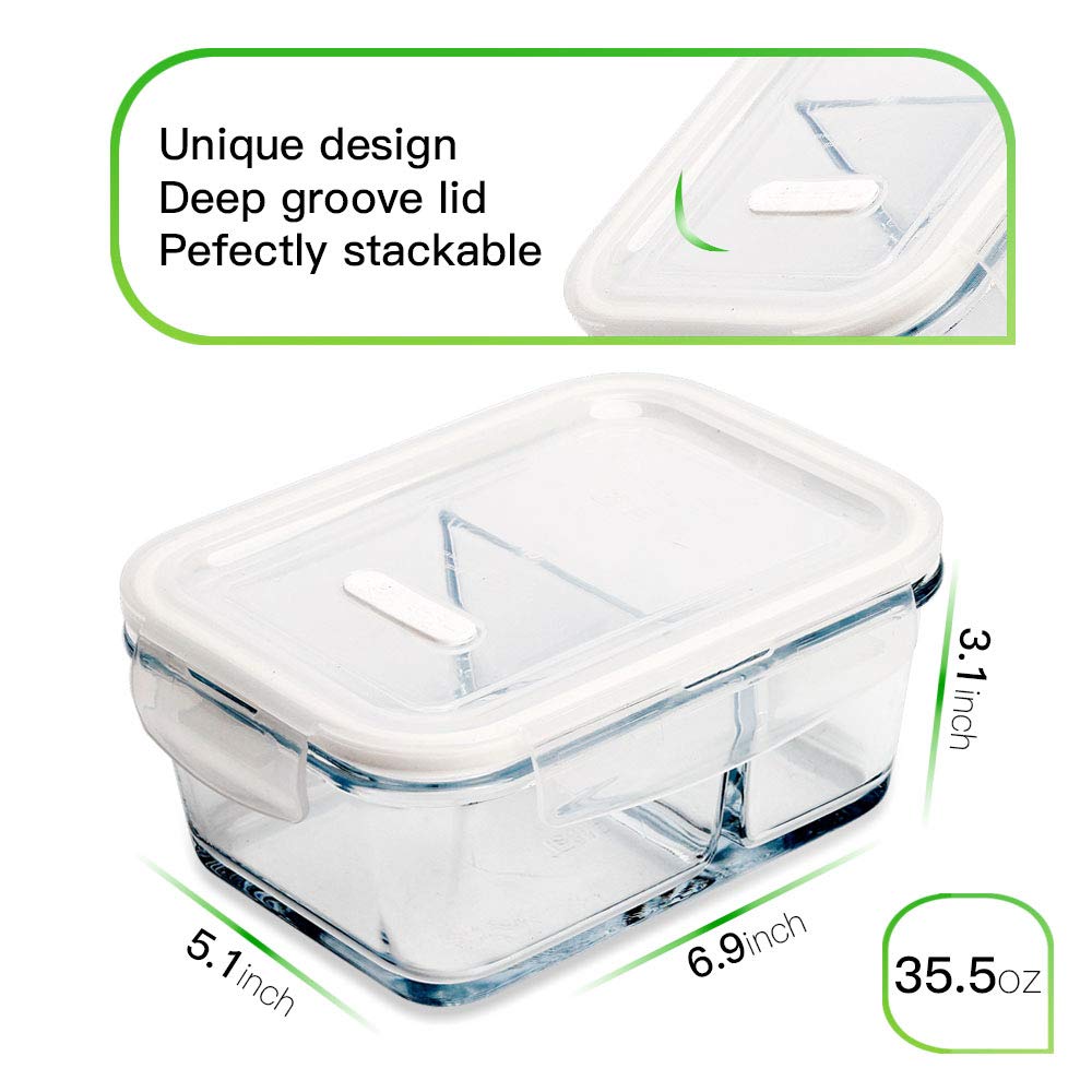 DAS TRUST 5 Pack 35.5oz Food Storage Containers 2 Compartments Glass Meal Prep Containers with Lids for Adult Food Prep Containers with Dividers Reusable Lunch Bento Box Bowls