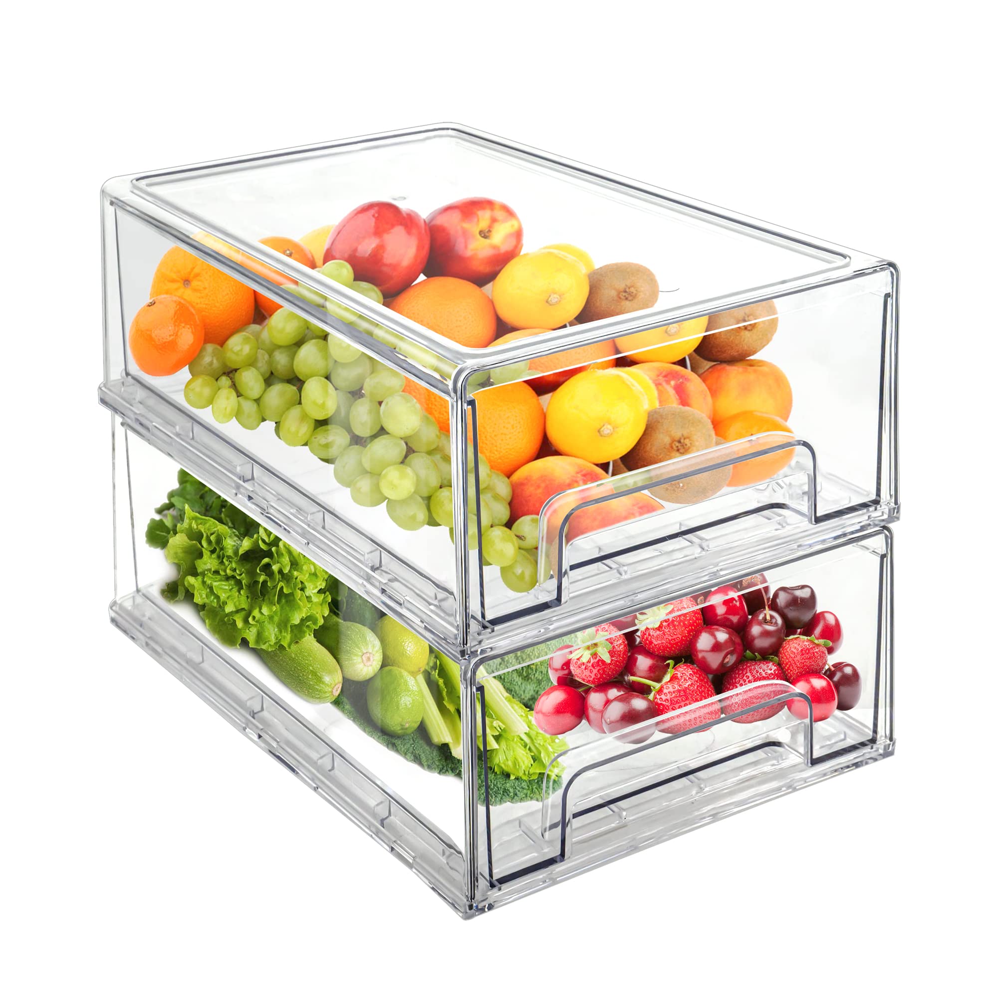 Mano 2Pack Clear Fridge Drawers Pull Out Stackable Refrigerator Drawer Organizer Bins Pantry Storage Box Plastic Food Containers for Kitchen Bathroom Office Closet (2pack-Large)