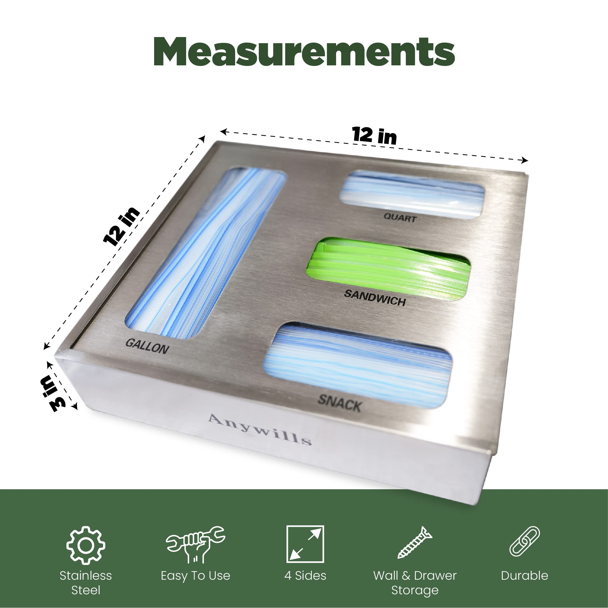 Anywills Ziplock Bag Storage Organizer for Kitchen Drawer, Stainless Steel Ziplock Bag Organizer for Drawer Compatible with Gallon, Quart, Sandwich and Snack Variety Size Bag (1 Box 4 Slots)